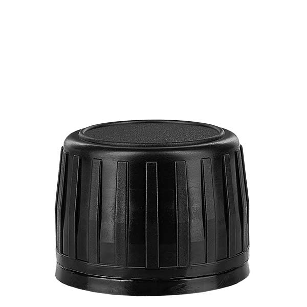 Tapón roscado negro para frascos med. con anillo OV y anillo vertedor Tapón roscado negro para frascos med. con anillo OV y anillo vertedor