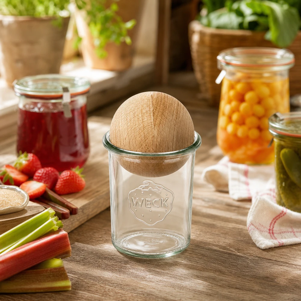 Vasos de 160ml WECK RR60 con bola de madera de haya WECK Sturzglas 160ml mit Buchenkugel in rustikaler Küche neben Marmeladengläsern und frischen Zutaten dekoriert