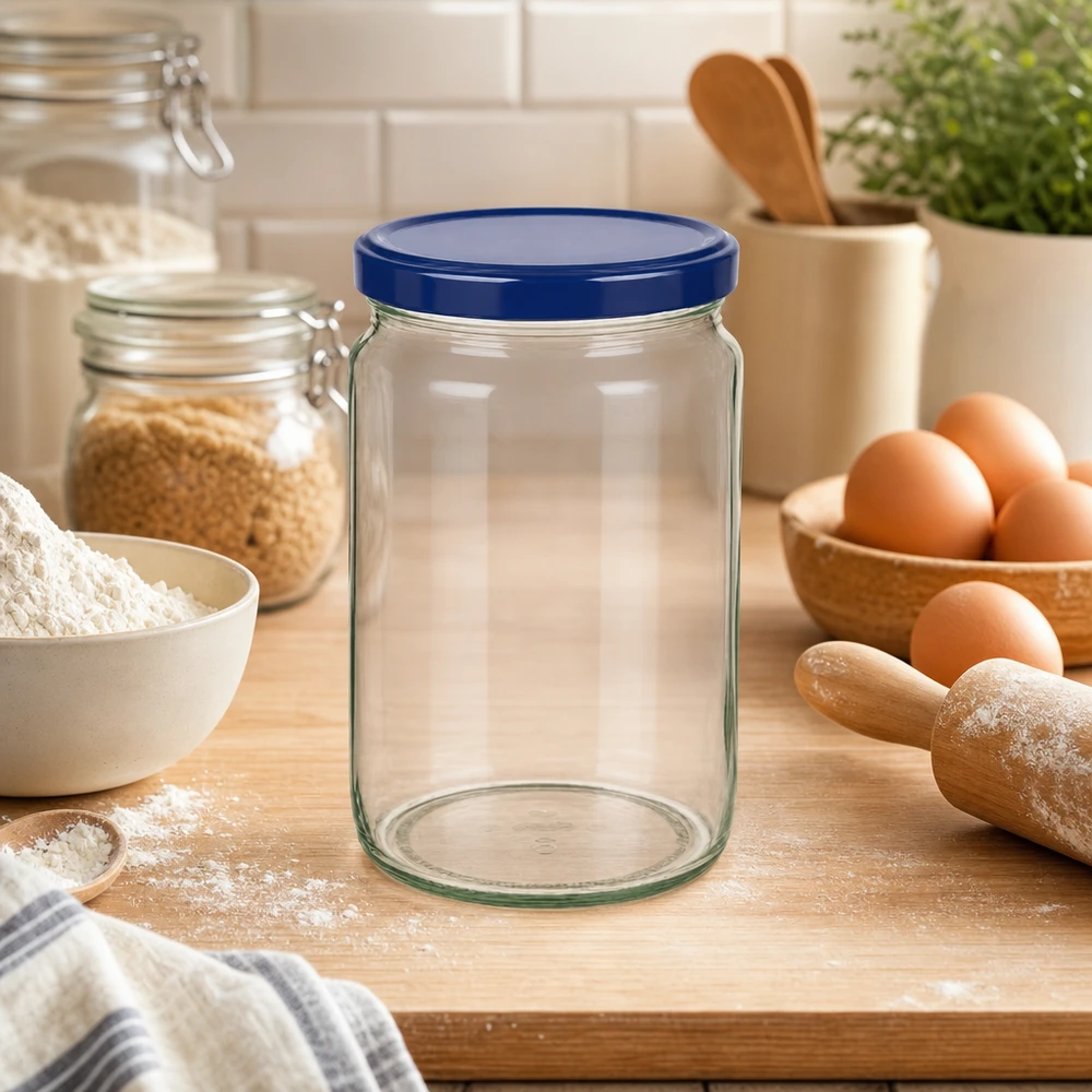 Tarro redondo 795ml + tapa BasicSeal azul UNiTWIST 795ml Rundglas mit blauem BasicSeal Deckel auf Küchenarbeitsplatte mit Backzutaten Eiern und Mehl für Vorratshaltung