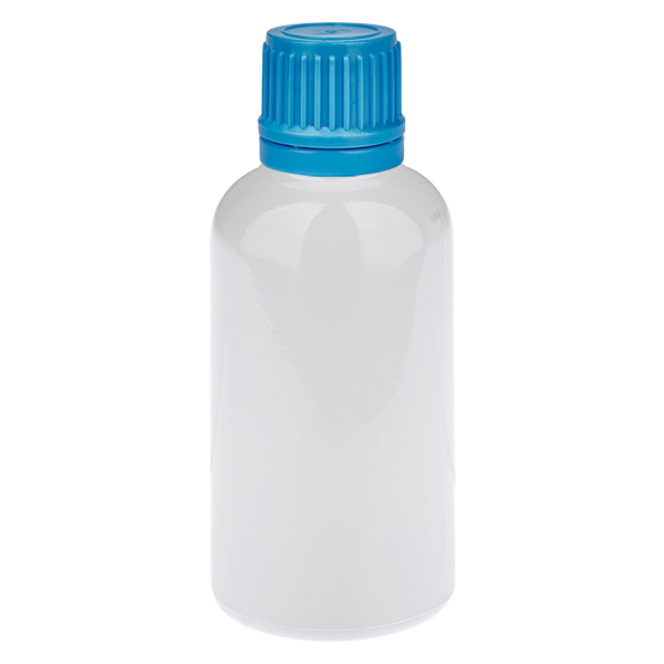 Botella de 30 ml con tapón de rosca azul de 11 mm, tapón de seguridad WhiteLine UT18/30 Botella de 30 ml con tapón de rosca azul de 11 mm, tapón de seguridad WhiteLine UT18/30