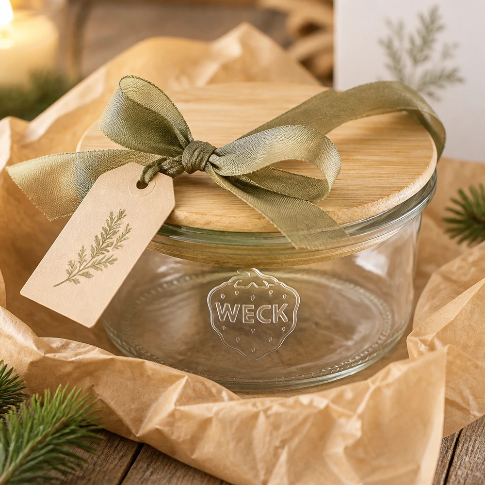 WECK 165ml RR80 vasos como un conjunto de regalo con un lazo verde y colgante decorado para la Navidad en una mesa de madera