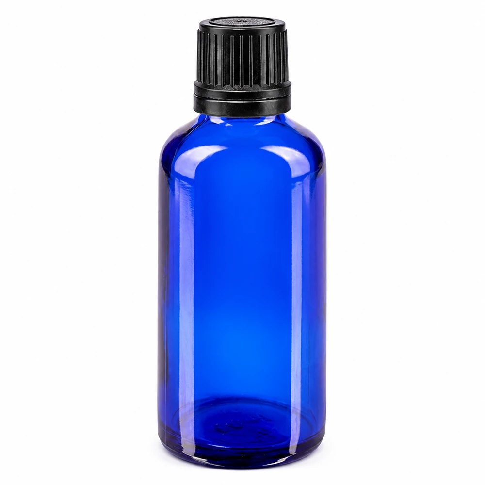 Botella de farmacia azul 50ml tapón cuentagotas anillo vertedor 1mm negro cierre inviolable Frasco de cristal azul de 50 ml con tapón OV negro y gotero de 1 mm de cristal de farmacia