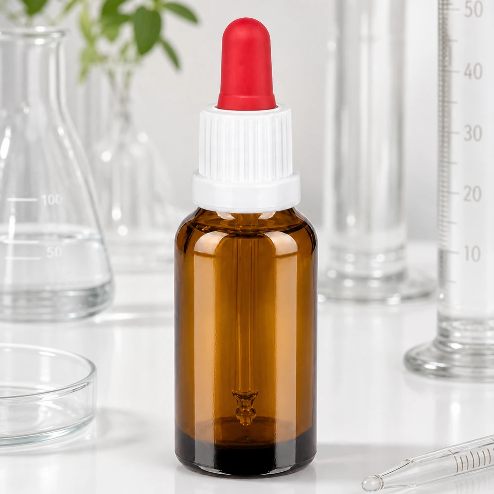 Frasco pipeta 20ml blanco/rojo cierre inviolable BrownLine UT18/20 Frasco pipeta calidad laboratorio 20ml marrón con protección UV y dosificación precisa de las gotas
