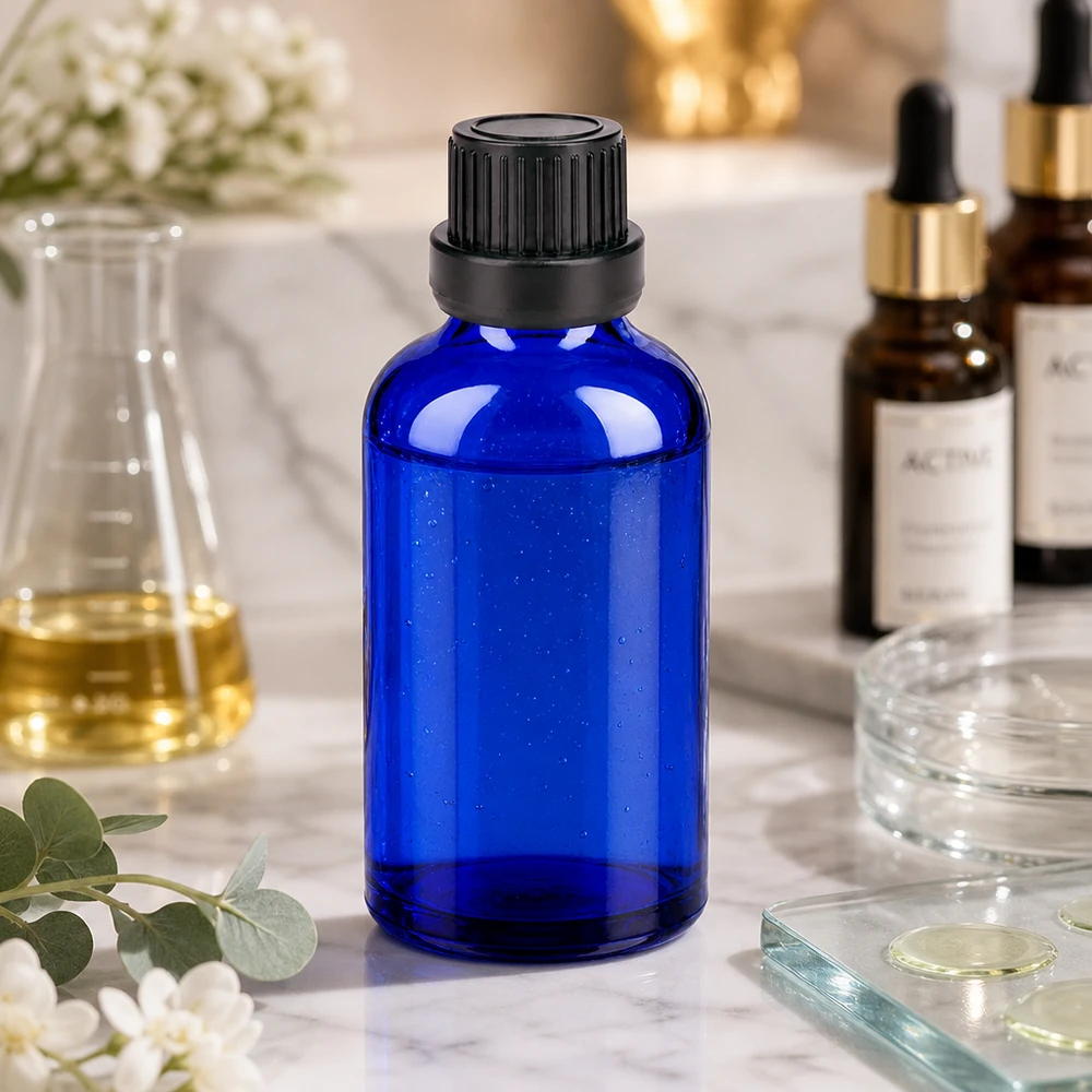 Frasco de farmacia premium de 50 ml fabricado en vidrio cobalto con protección UV y tapón negro inviolable