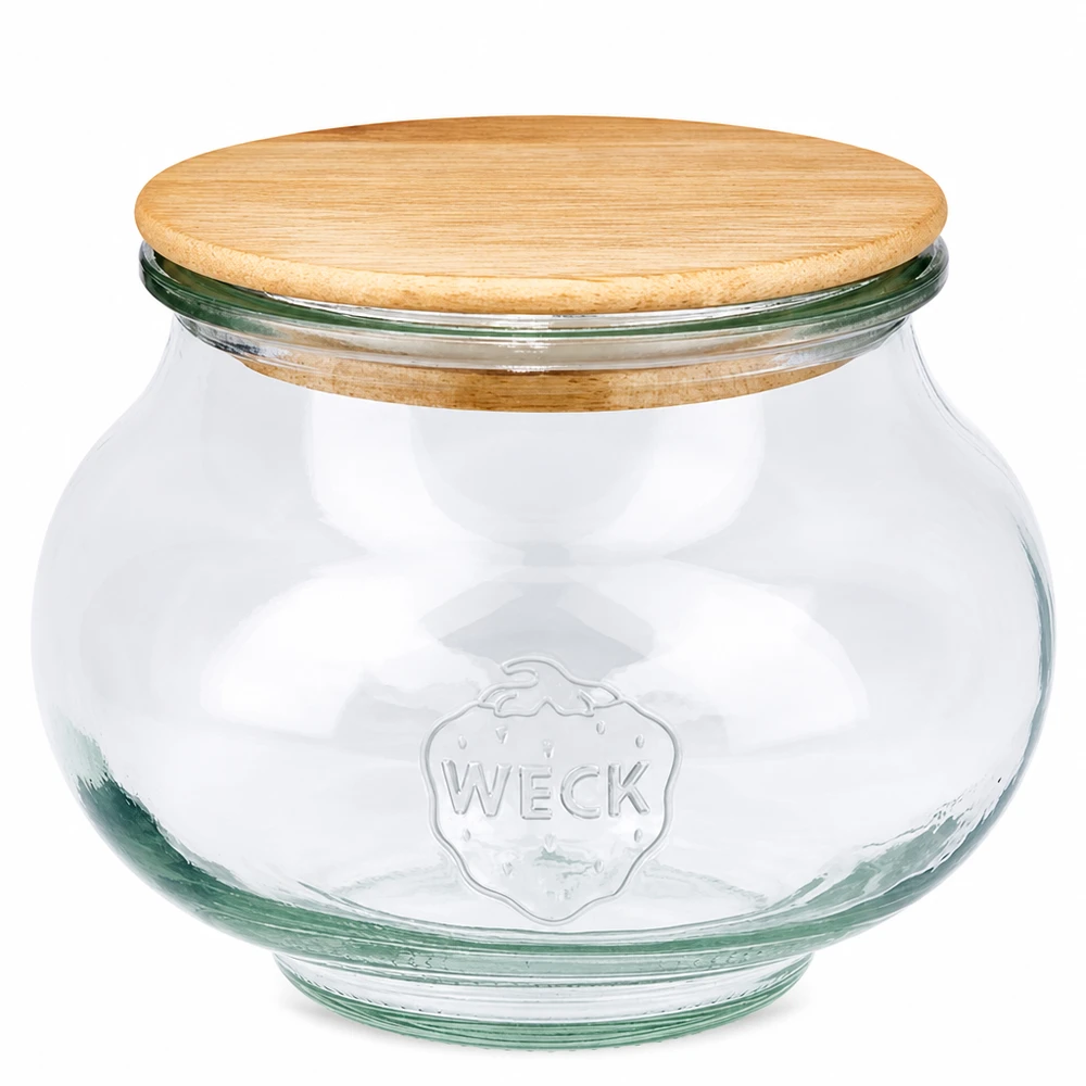 Tarro de joyas WECK RR80 de 560ml con tapa de madera Tarro para joyas WECK 560ml RR80 con tapa redonda de madera de roble Tarro transparente con logotipo Weck