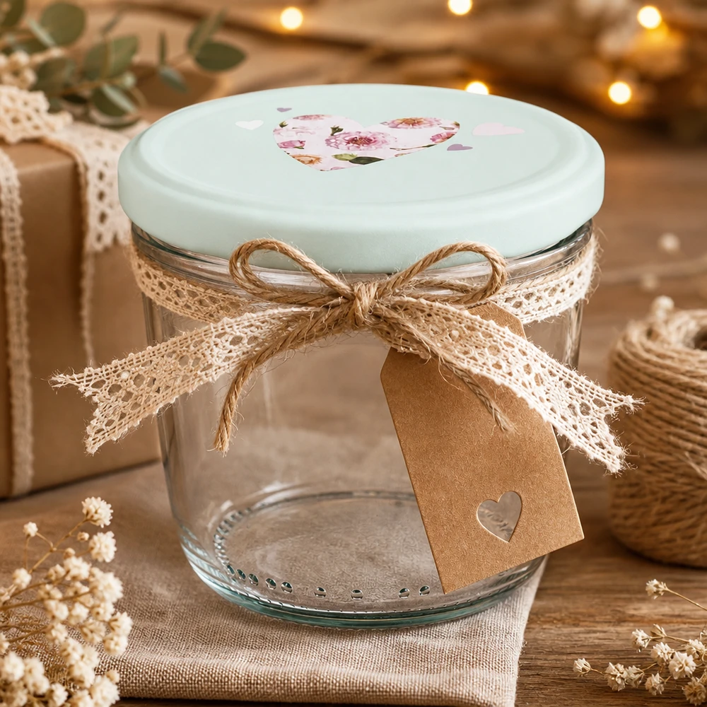 Vasos de 230 ml + tapa BasicSeal corazón menta UNiTWIST 230ml Sturzglas mit BasicSeal Deckel Herz mint als Geschenkidee, dekoriert mit Juteschleife und Geschenkanhänger