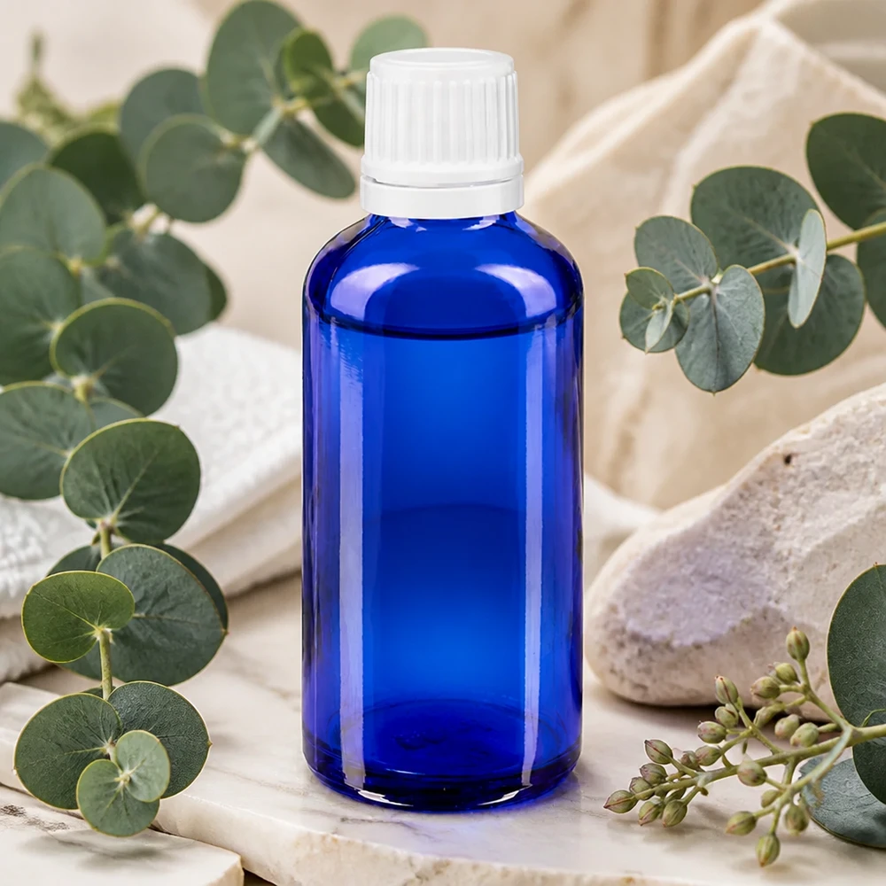 Botella de farmacia azul 50ml tapón rosca blanco cierre inviolable Frasco de farmacia azul de 50 ml con tapón OV blanco sobre una placa de mármol con ramitas de eucalipto