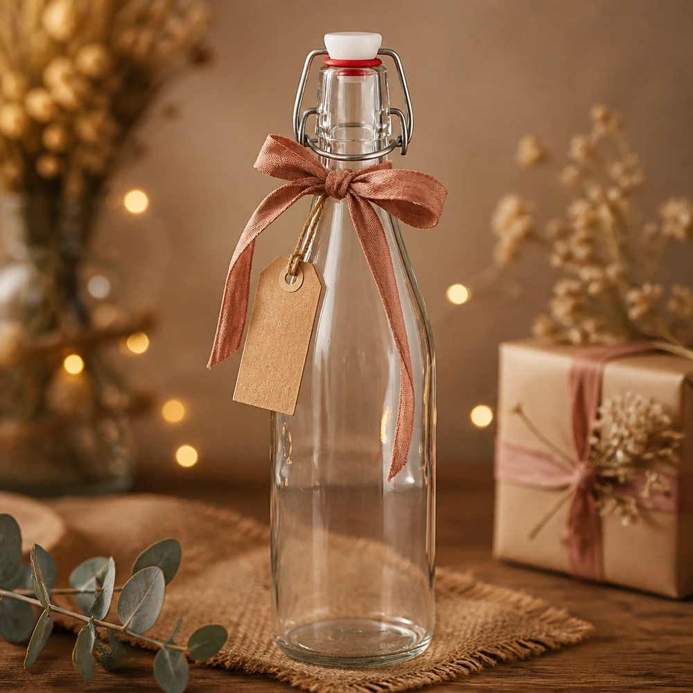 Botella de vidrio de 500 ml + tapa abatible de PVC UNiTWIST 500ml botella de vidrio swing top decoración de Navidad caja de regalo lazo etiqueta luces de oro