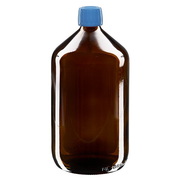 Frasco medicamento 1000ml marrón, tapón azul con anillo precinto ApoGlas Frasco medicamento 1000ml marrón, tapón azul con anillo precinto ApoGlas