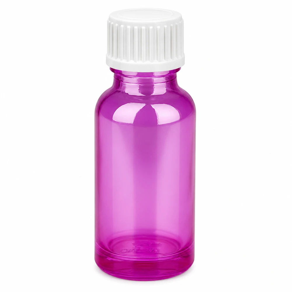 Frasco de vidrio de 20 ml de color violeta brillante con tapón de rosca blanco para aceites esenciales