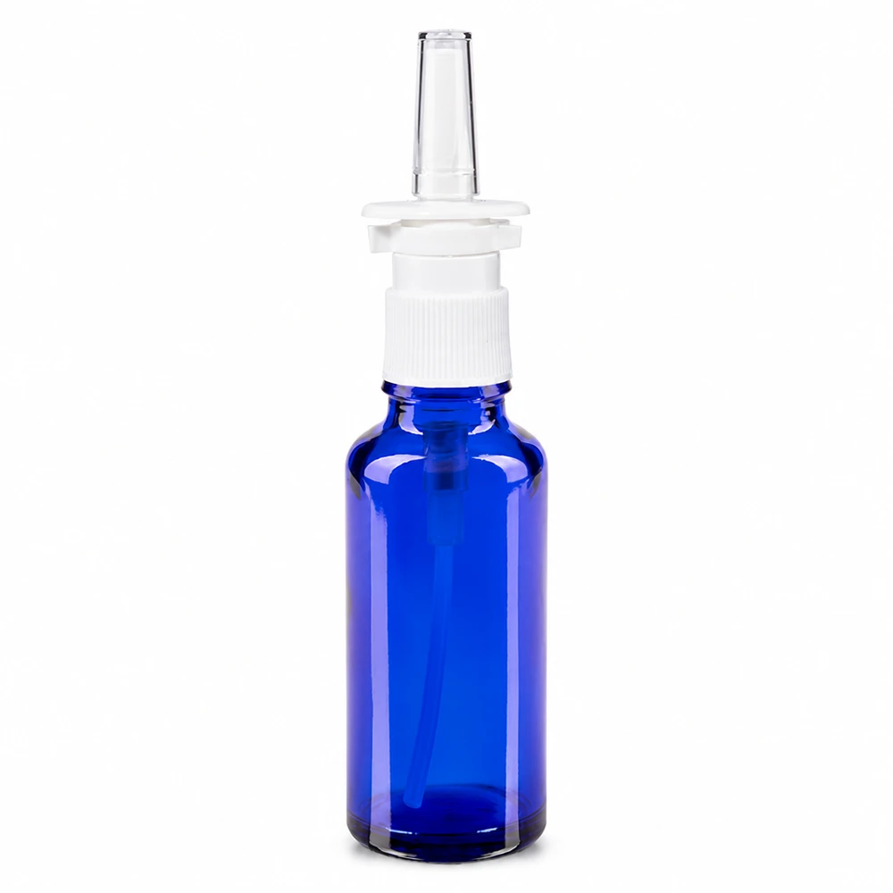 Botella de farmacia azul 30ml spray nasal blanco estándar Frasco de spray nasal de 30 ml, de cristal azul de farmacia, con cabezal pulverizador blanco y boquilla nasal transparente