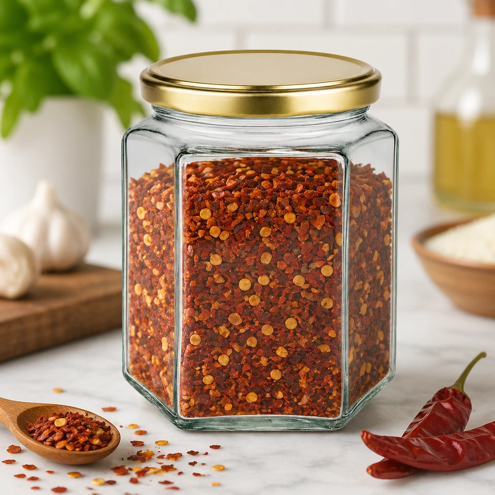Tarro para miel de 500 g con tapa dorada BasicSeal UNiTWIST Tarro de miel BasicSeal hexagonal de 500 g con tapa dorada relleno de copos de guindilla Especias Cocina