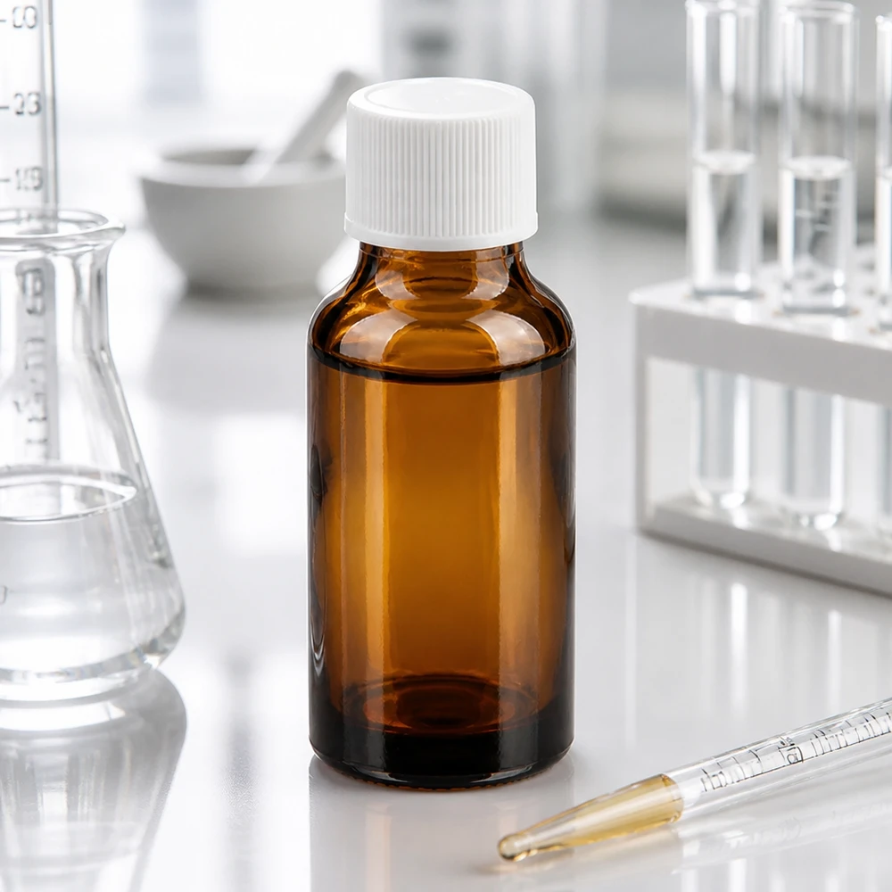 Frasco de laboratorio compacto de 20 ml de vidrio ámbar con rosca de precisión de 11 mm para una dosificación exacta