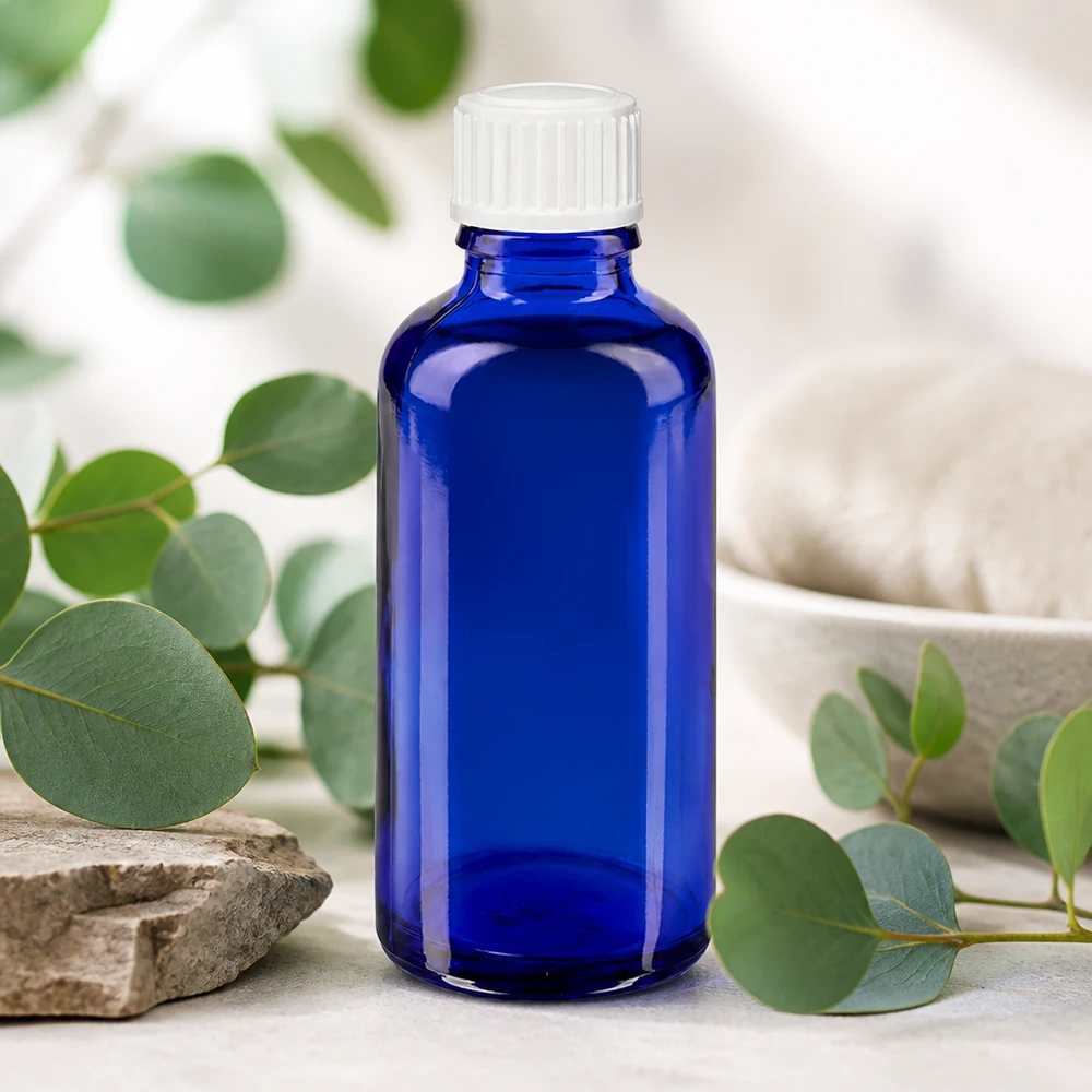 Botella de farmacia azul 50ml tapón cuentagotas blanco 0.8mm estándar Frasco de farmacia azul cobalto de 50 ml con tapón de seguridad para niños blanco y dosificador de gotas de 0,9 mm