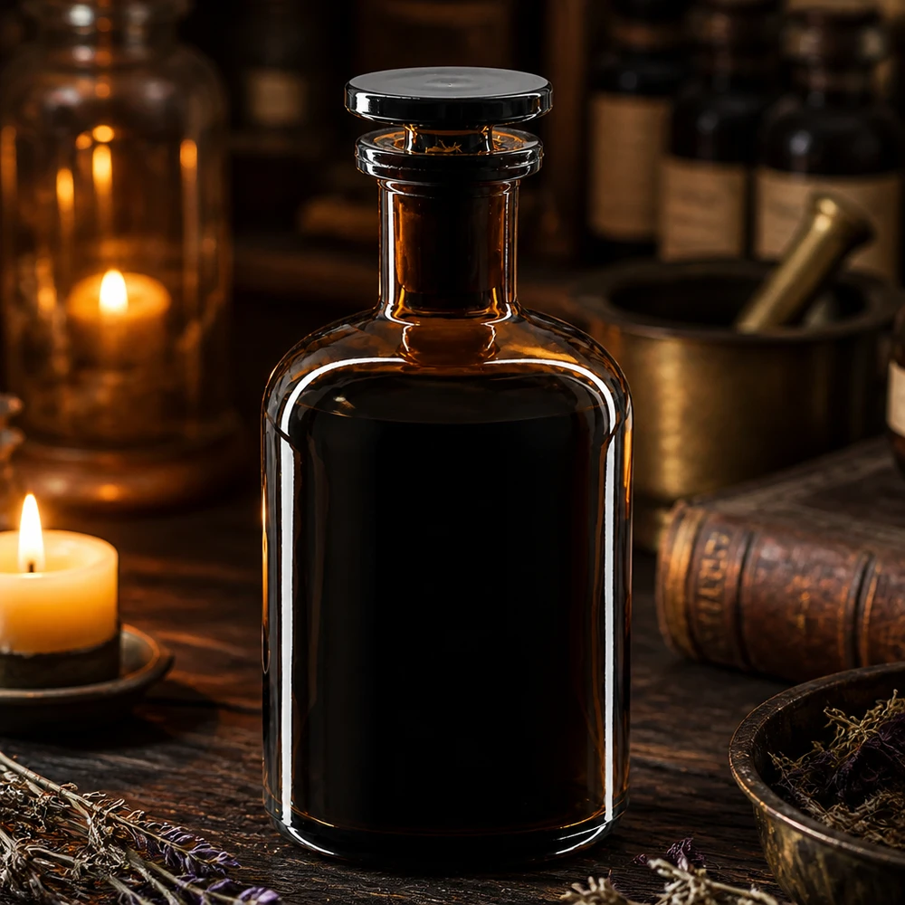 Frasco con hombro redondo 100ml marrón cuello estrecho tapón de vidrio Frasco de farmacia vintage de 100 ml, de color marrón y con tapón de cristal, entre velas y libros antiguos