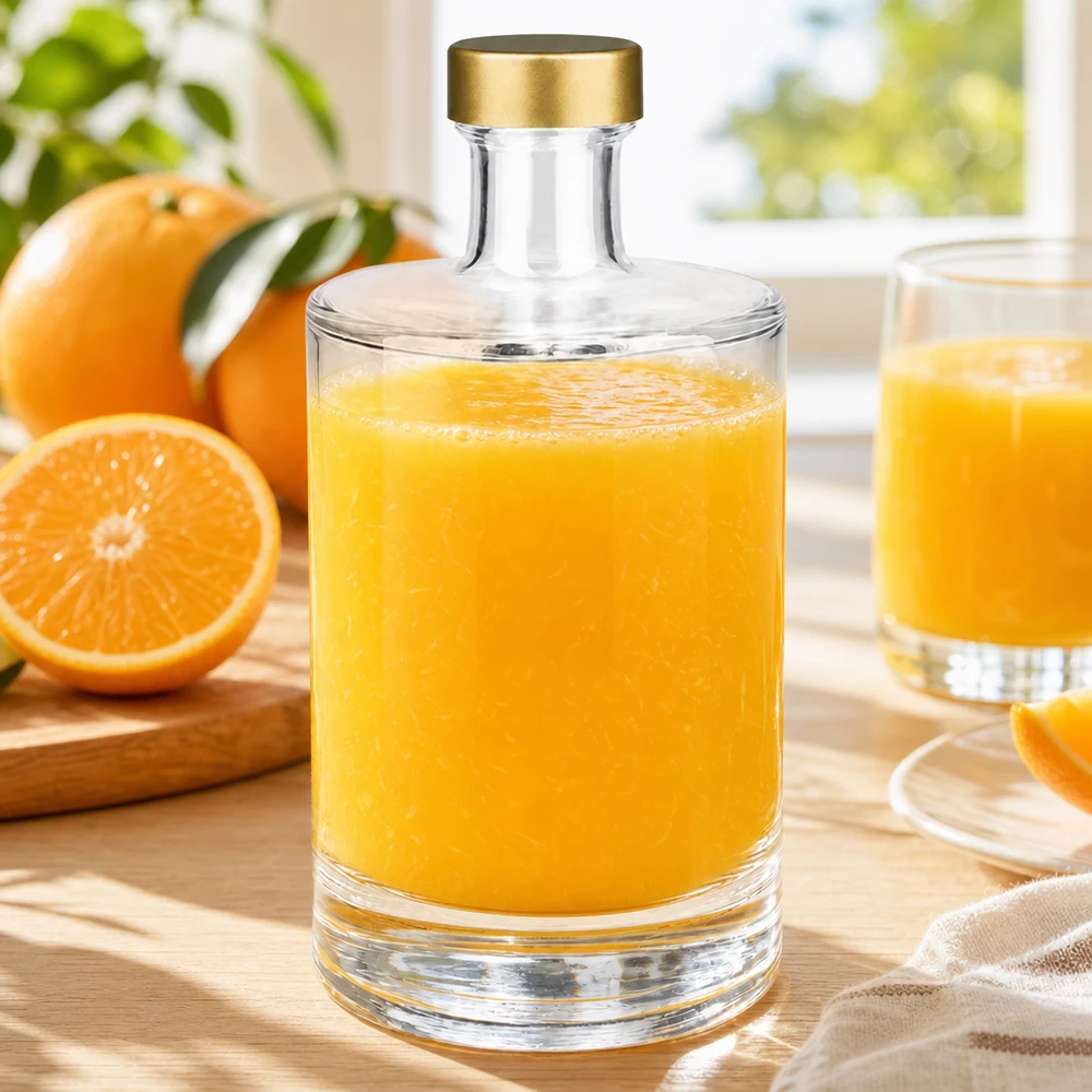 Botella de vidrio de 500 ml «Sam» + tapón de rosca dorado UNiTWIST® 500ml Glasflasche Sam mit Orangensaft befüllt goldener UNiTWIST Verschluss frische Orangen Frühstücks Szene natürliches