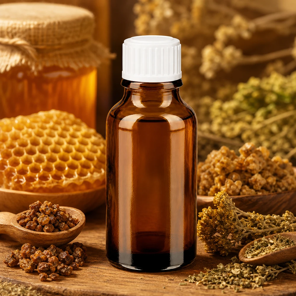 Frasco de farmacia marrón de 20 ml con tapón blanco, entre panales de miel y hierbas medicinales