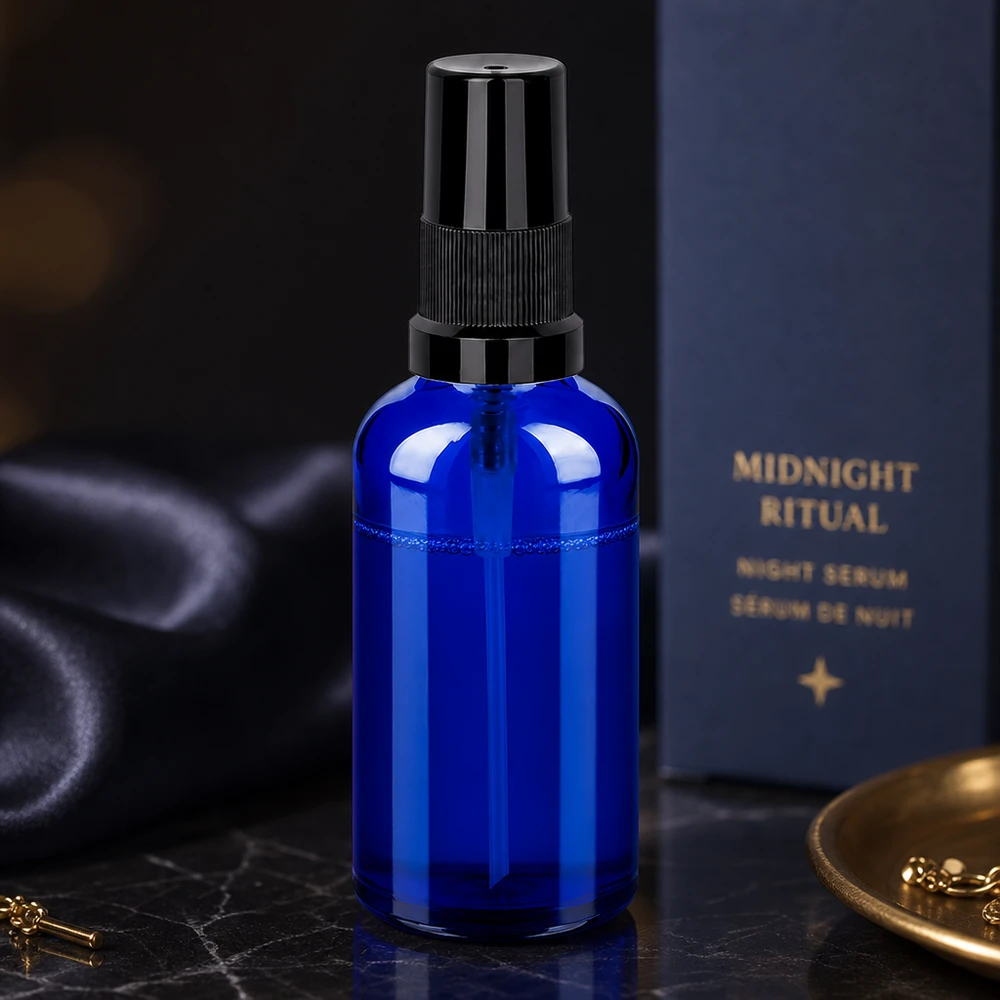 Frasco pulverizador de 50 ml negro con tapón estándar BlueLine UT18/50 Frasco pulverizador de cristal premium de 50 ml en azul cobalto con sistema de pulverización profesional para el cuidado de la piel