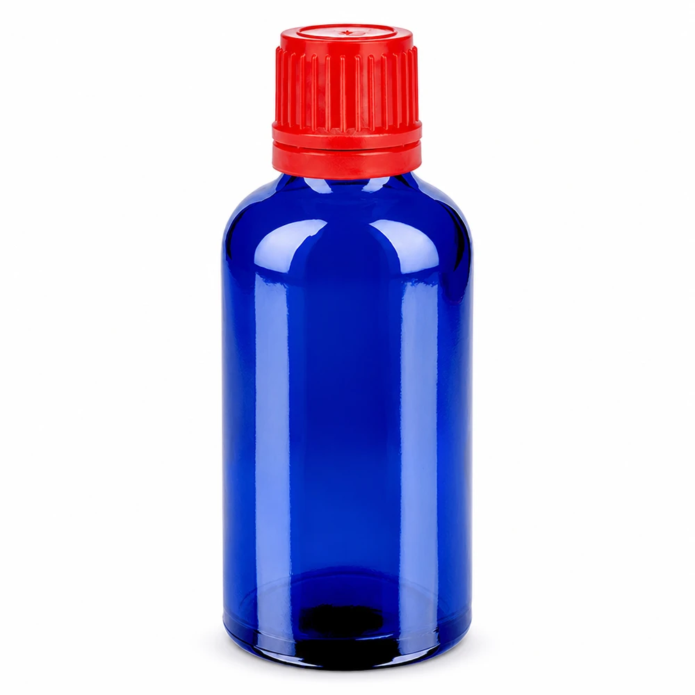 Botella 50ml tapón rosca 11mm rojo cierre inviolable BlueLine UT18/50 Botella de vidrio de 50 ml azul con tapón rojo 11 mm SV OV BlueLine UT18/50