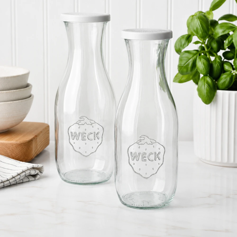 Dos botellas de zumo WECK 1062ml con tapas blancas en cocina moderna junto a cuencos y planta de albahaca