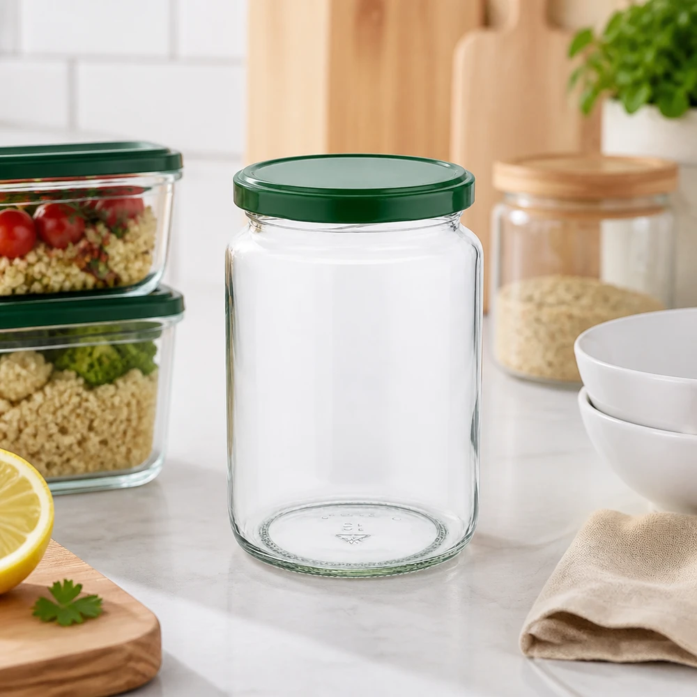 Tarro redondo de 795 ml UNiTWIST vacío con tapa BasicSeal verde en cocinas modernas junto a cajas de preparación de comidas y tarros de almacenamiento