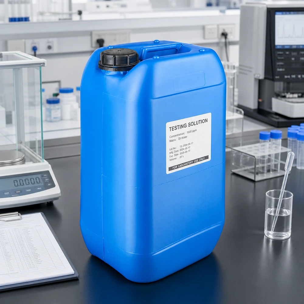 Bidón 15 litros azul con tapón de rosca inviolable Bidón de laboratorio azul de 15 litros con tapón de rosca, situado sobre una encimera negra junto a la balanza de análisis
