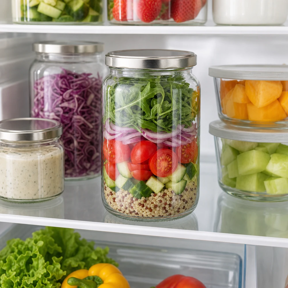 Tarro redondo de 795 ml con tapa plateada BasicSeal como recipiente de preparación de comidas en el frigorífico lleno de ensalada en capas