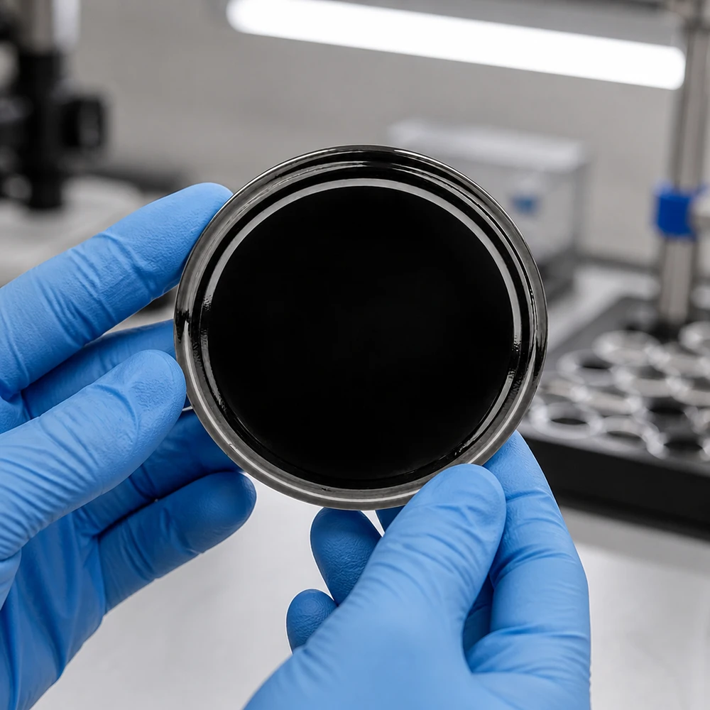Tapa BasicSeal de 82 mm, negra (TO82) UNiTWIST Fotografía de laboratorio de una tapa negra TO82 BasicSeal de 82 mm UNiTWIST sostenida con guantes protectores azules