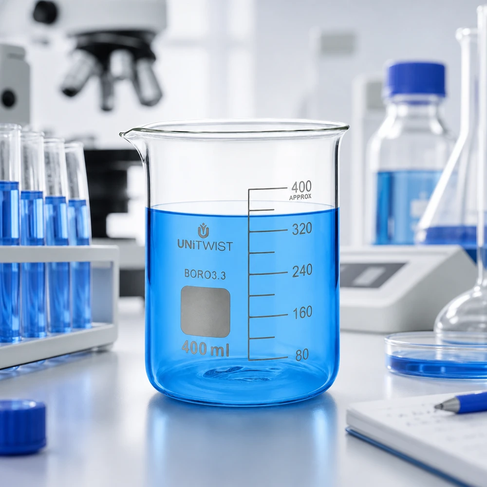 Vaso 400 ml borosilicato, molde bajo UNiTWIST Vaso de precipitados UNiTWIST de 400 ml, de forma baja, con un líquido azul sobre una mesa de laboratorio blanca