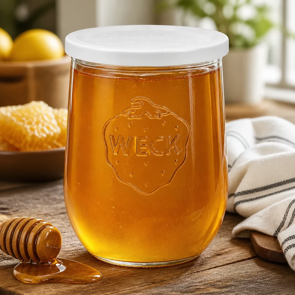 1062ml tarro tulipán con tapa de frescura WECK RR100 WECK tarro tulipán 1062ml RR100 lleno de miel junto a cuchara de miel sobre mesa de madera en ambiente de cocina natural