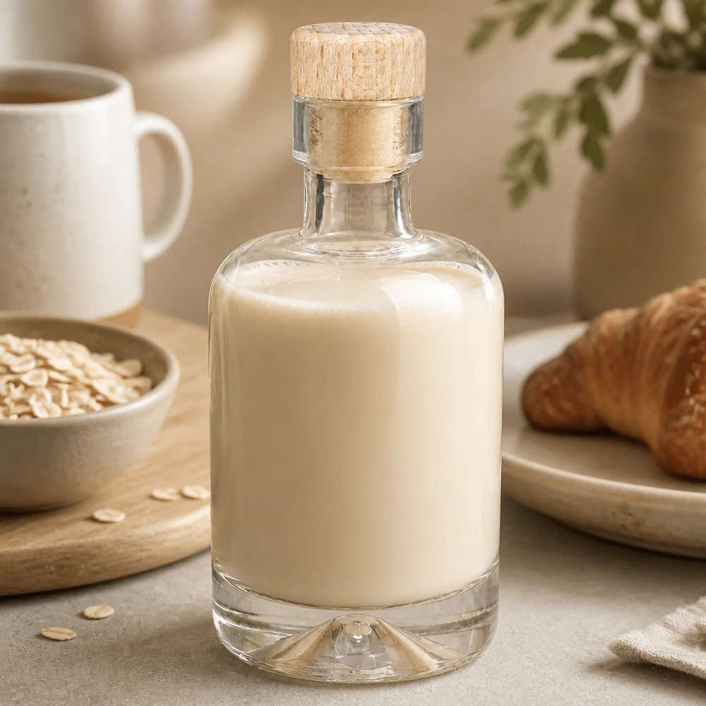 Botella de vidrio de 50 ml «Amelie» con tapón de corcho con asa de madera UNiTWIST 50ml Glasflasche Amelie mit cremigem Hafermilch-Inhalt neben Haferflocken und Gebäck im gemütlichen Küchen-Ambiente