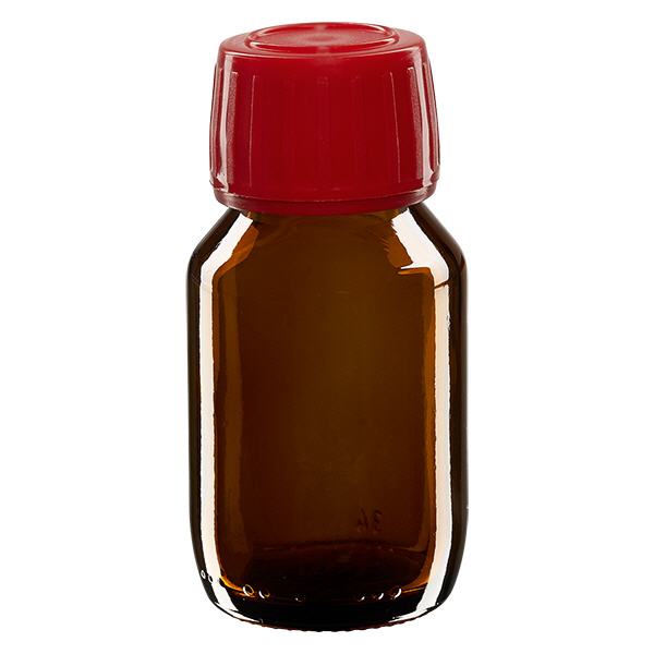 Frasco medicamento 50ml marrón, tapón rojo con precinto de seguridad ApoGlas Frasco medicamento 50ml marrón, tapón rojo con precinto de seguridad ApoGlas