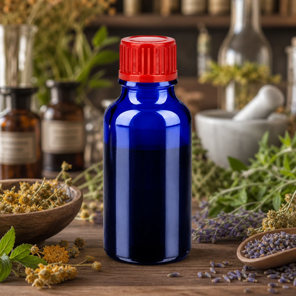 Frasco de laboratorio profesional de 20 ml de vidrio azul con tapón estándar rojo de 11 mm para farmacia