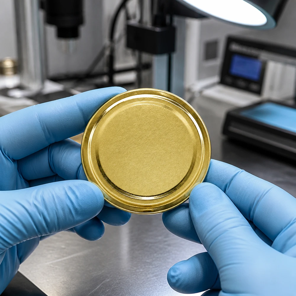 Tapa BasicSeal de 66 mm, color dorado (TO66) UNiTWIST Control en laboratorio de una tapa dorada TO66 de 66 mm BasicSeal UNiTWIST con guantes de protección