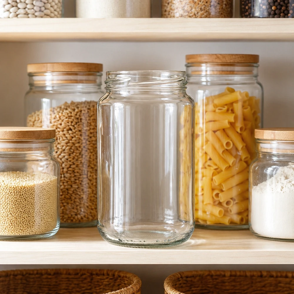 Tarro redondo de 375ml sin tapa (TO63) UNiTWIST UNiTWIST Runda375 tarro redondo 375ml TO63 en una despensa organizada entre tarros de almacenaje llenos de pasta y