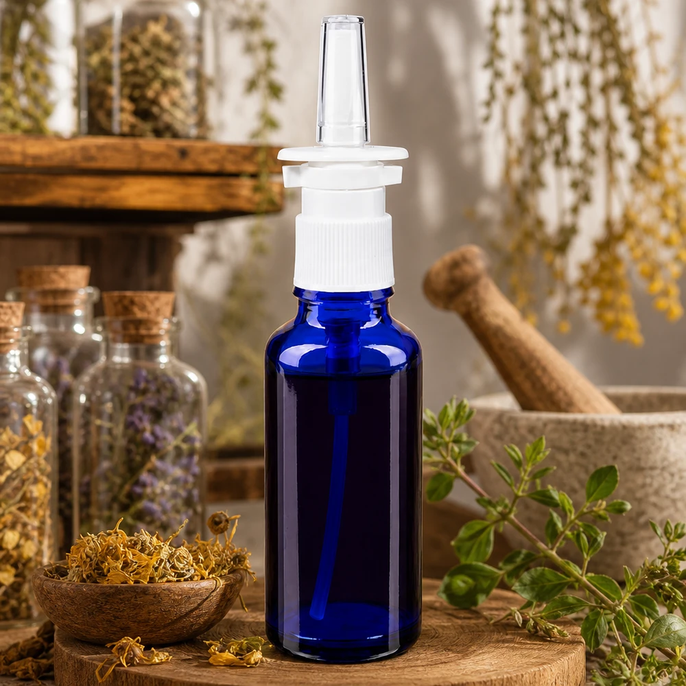 Botella de farmacia azul 30ml spray nasal blanco estándar Frasco de spray nasal de 30 ml de cristal azul con cabezal dosificador blanco, rodeado de hierbas medicinales secas
