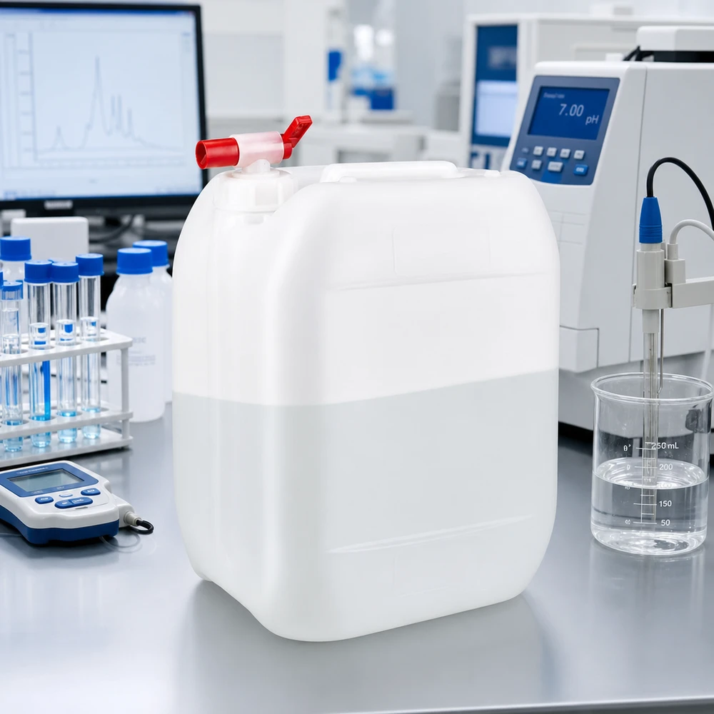 Bidón de laboratorio blanco de 10 litros con grifo de salida rojo, junto a un medidor de pH y un vaso de precipitados