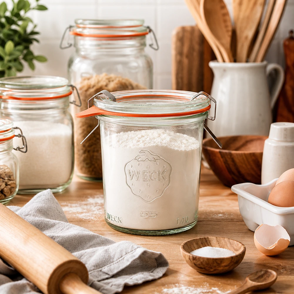 Tarro completo de 140ml WECK RR60 WECK 140ml RR60 vasos llenos de harina en la cocina con ingredientes para hornear huevos rodillo y utensilios de madera para hornear