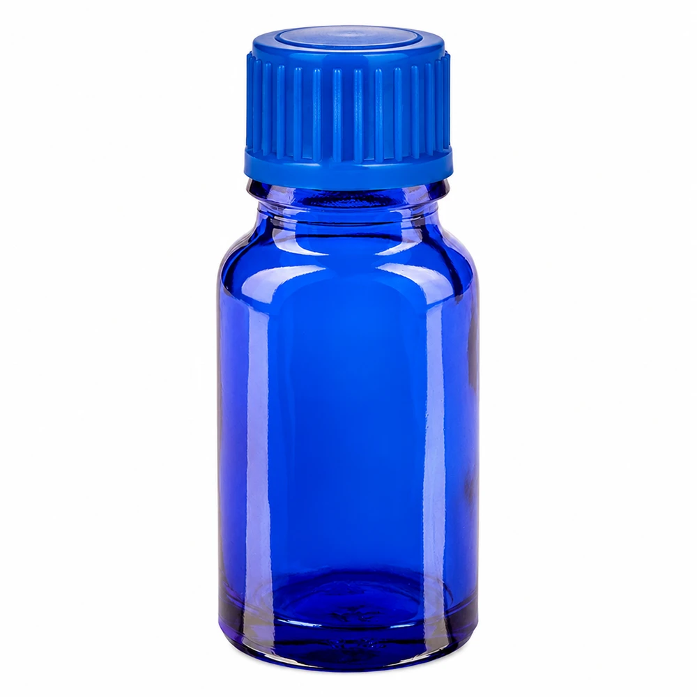 Frasco de vidrio azul de 10 ml con tapón de rosca para aceites esenciales y cosméticos