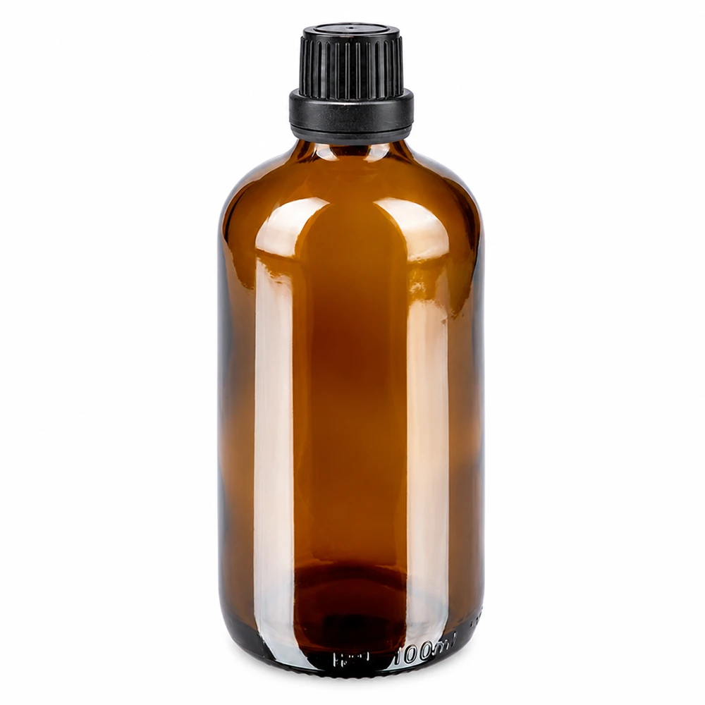 Frasco de farmacia marrón de 100 ml, de vidrio borosilicato, con tapón OV negro y gotero de 2 mm