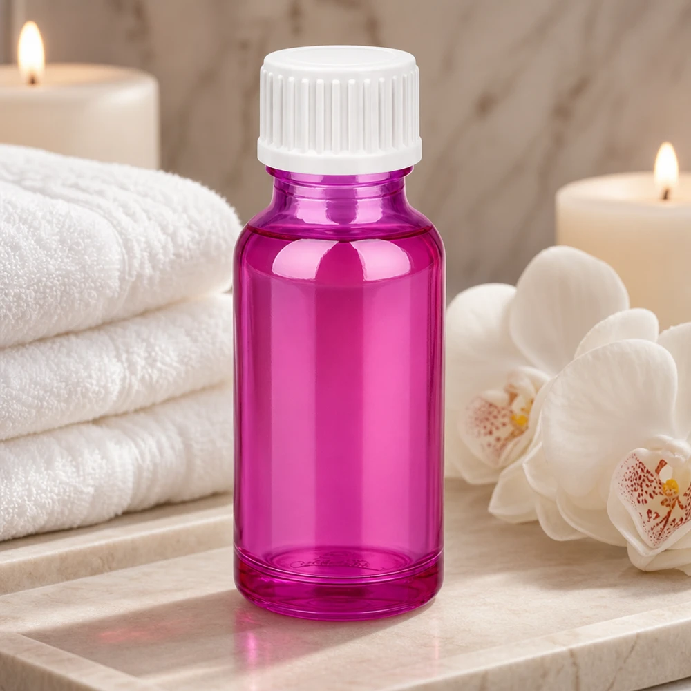 Frasco de 20 ml (glóbulo) Anillo vertedor de 3 mm blanco estándar PurpleLine.UT18/20 Frasco de vidrio de 20 ml en magenta brillante con tapón de rosca fácil de usar para el bienestar