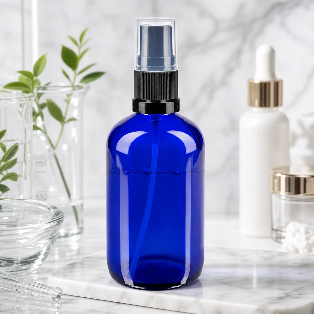 Botella de farmacia azul 100ml pulverizador negro Botella pulverizadora azul de 100 ml de cristal de farmacia con pulverizador negro sobre fondo de mármol, con productos cosméticos
