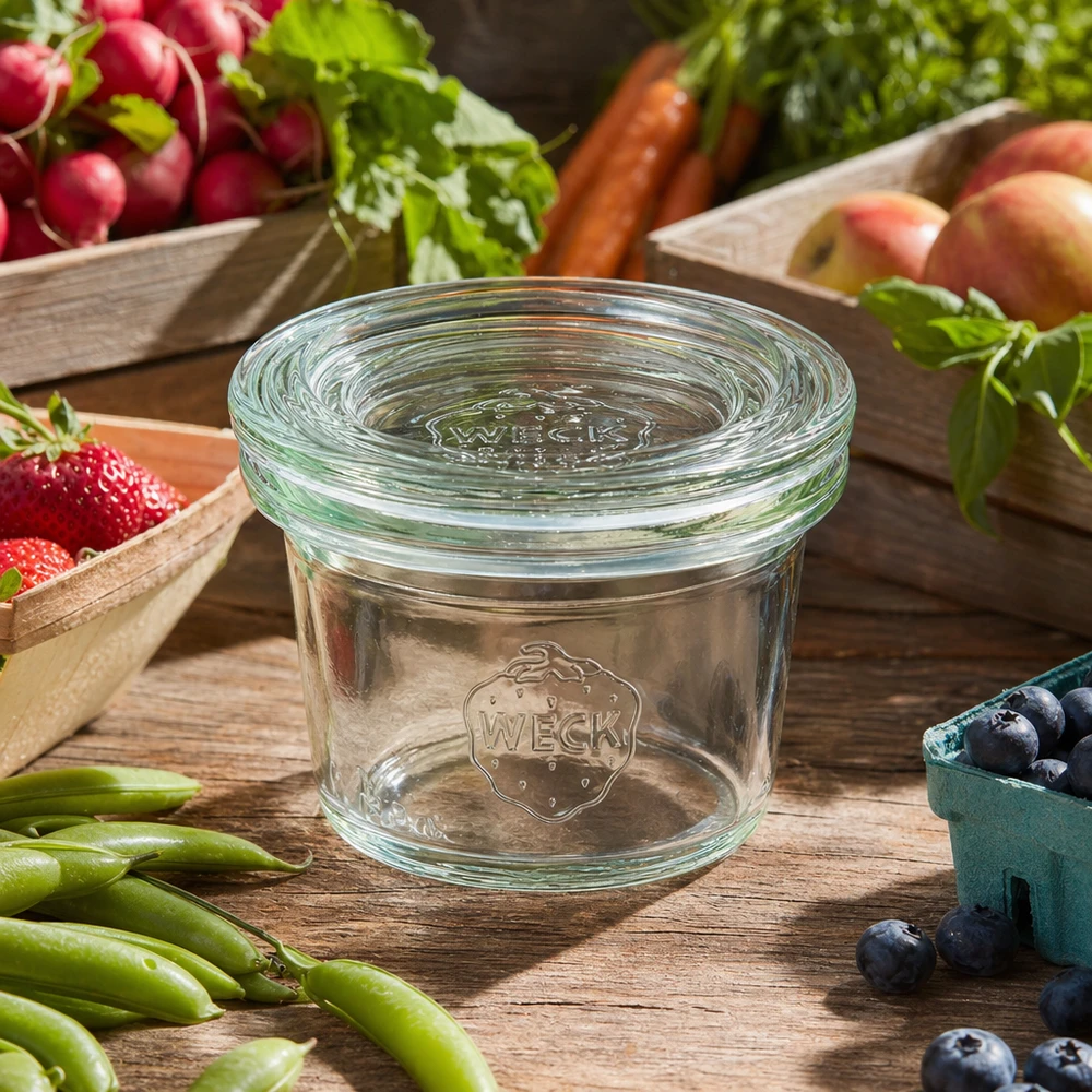 WECK 35ml RR40 tarro de albañil vacío con tapa de cristal rodeado de frutas y verduras frescas sobre una mesa de madera rústica