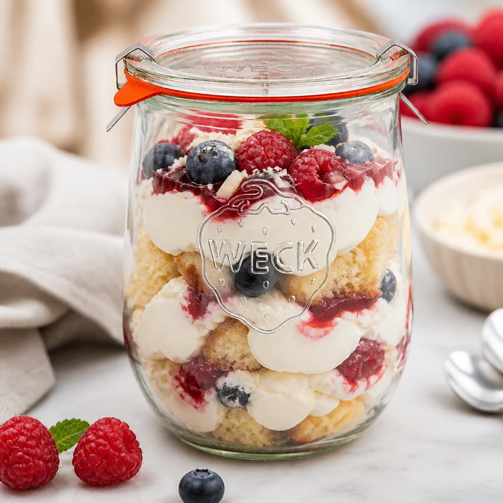 1062ml tarro tulipán completo WECK RR100 WECK tarro tulipán 1062ml RR100 como tarro de postre para trifle con bayas, nata y base de tarta en un postre por capas