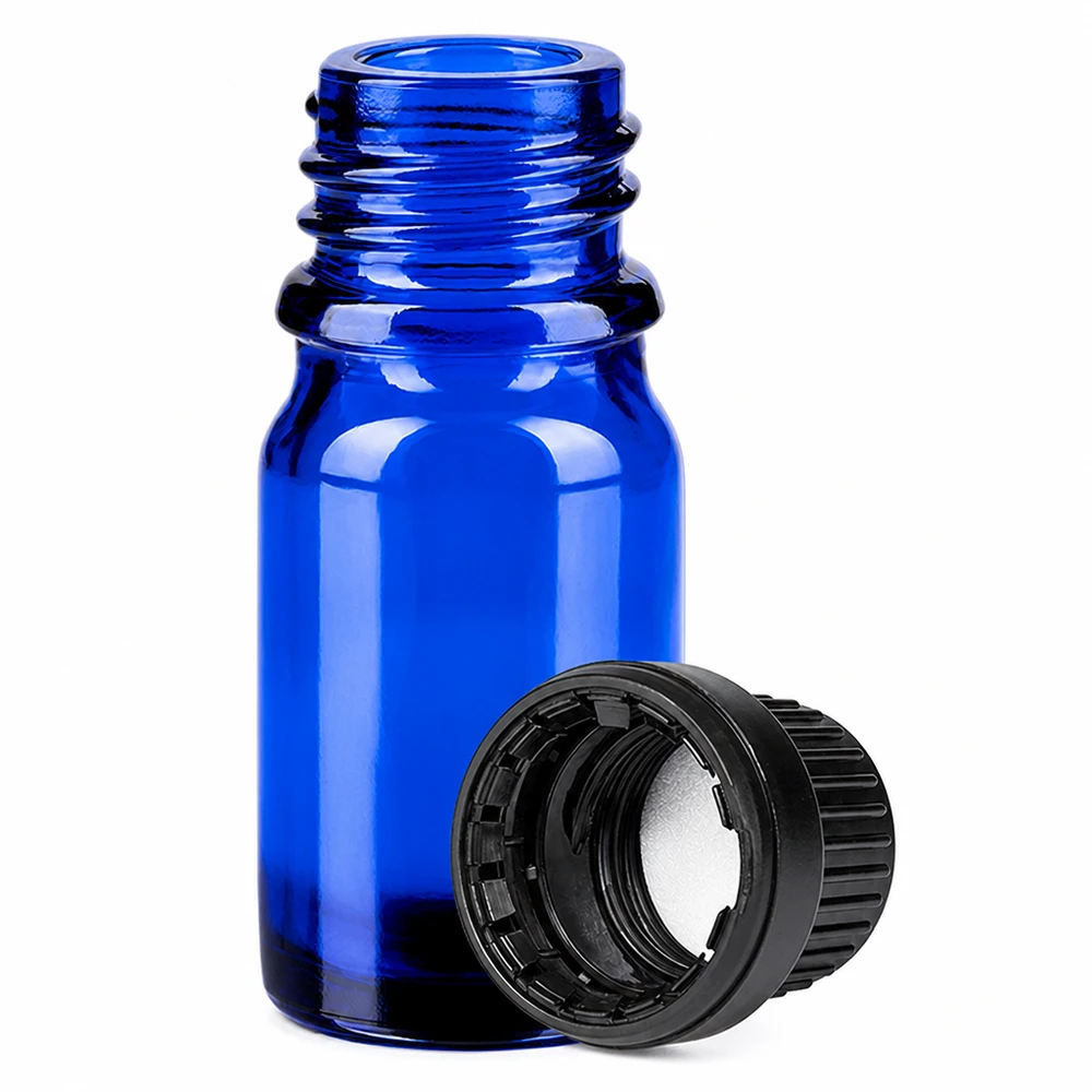 Frasco pequeño de vidrio de 5 ml en azul con rosca y tapón negro para aceites esenciales