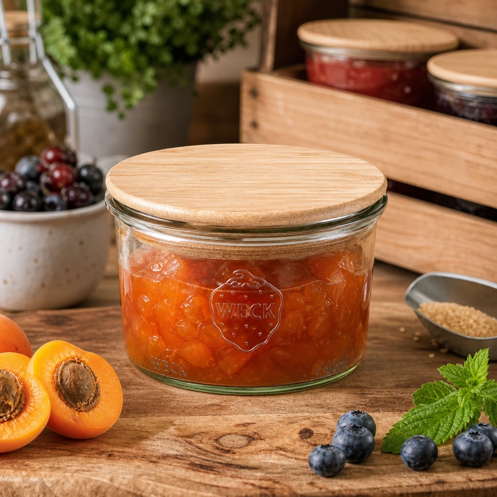 Vaso de 200ml WECK RR80 con tapa de madera WECK Einmachglas 200ml mit Holzdeckel gefüllt mit Aprikosenmarmelade auf Holztisch neben frischen Früchten