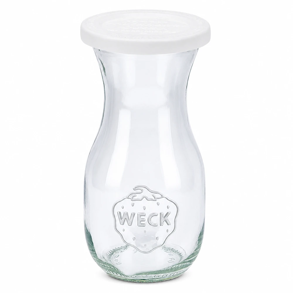 Botella de zumo WECK de 290 ml con tapa blanca RR60 de vidrio transparente con logotipo en relieve