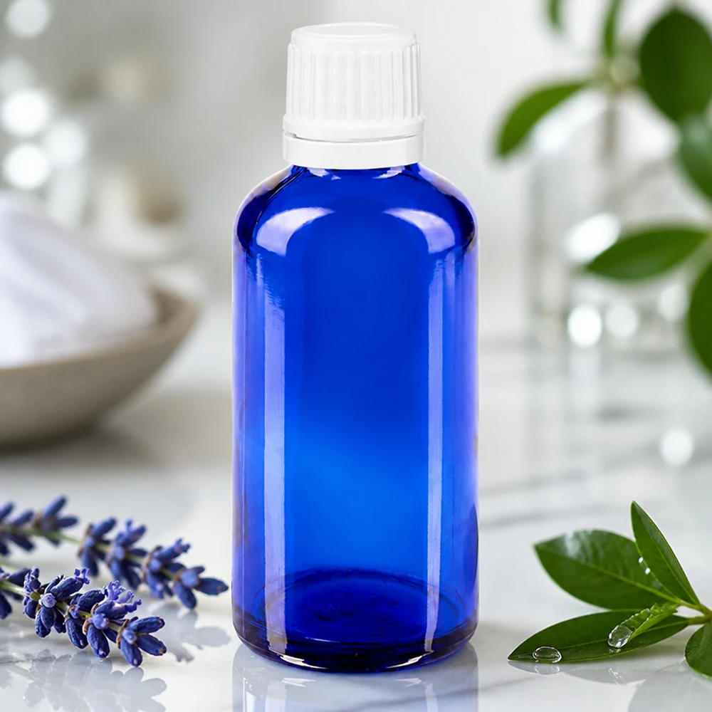 Frasco de cristal azul de 50 ml con tapón blanco a prueba de niños, junto a ramitas de lavanda frescas