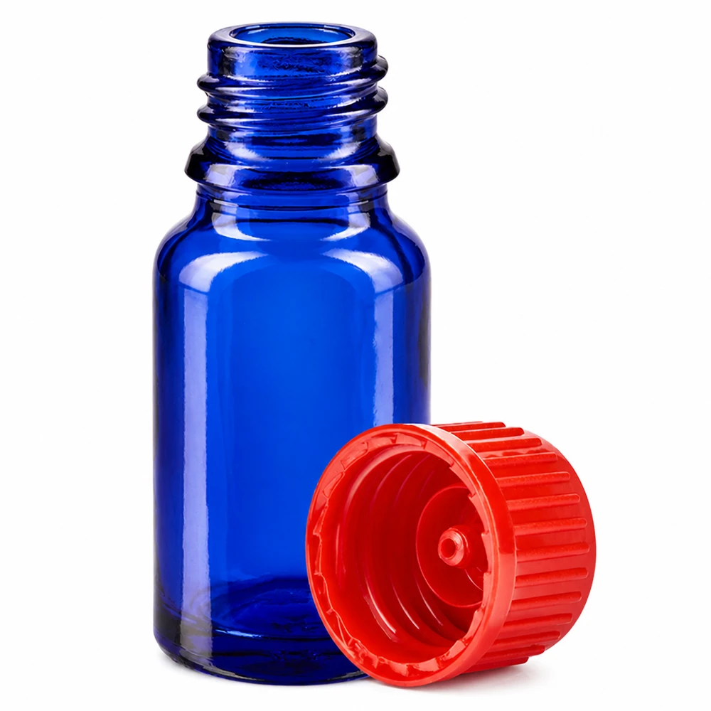 Frasco de 10 ml con tapón de rosca de 11 mm rojo estándar BlueLine UT18/10 Frasco de vidrio azul cobalto de 10 ml con tapón a prueba de niños para almacenar líquidos de forma segura