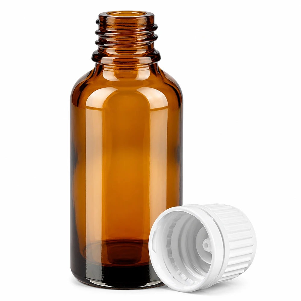 Frasco de vidrio ámbar de 30 ml con protección UV y tapón a prueba de niños para aplicaciones farmacéuticas